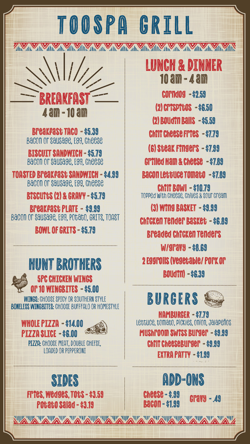 Toospa Grill Menu - September 2025
